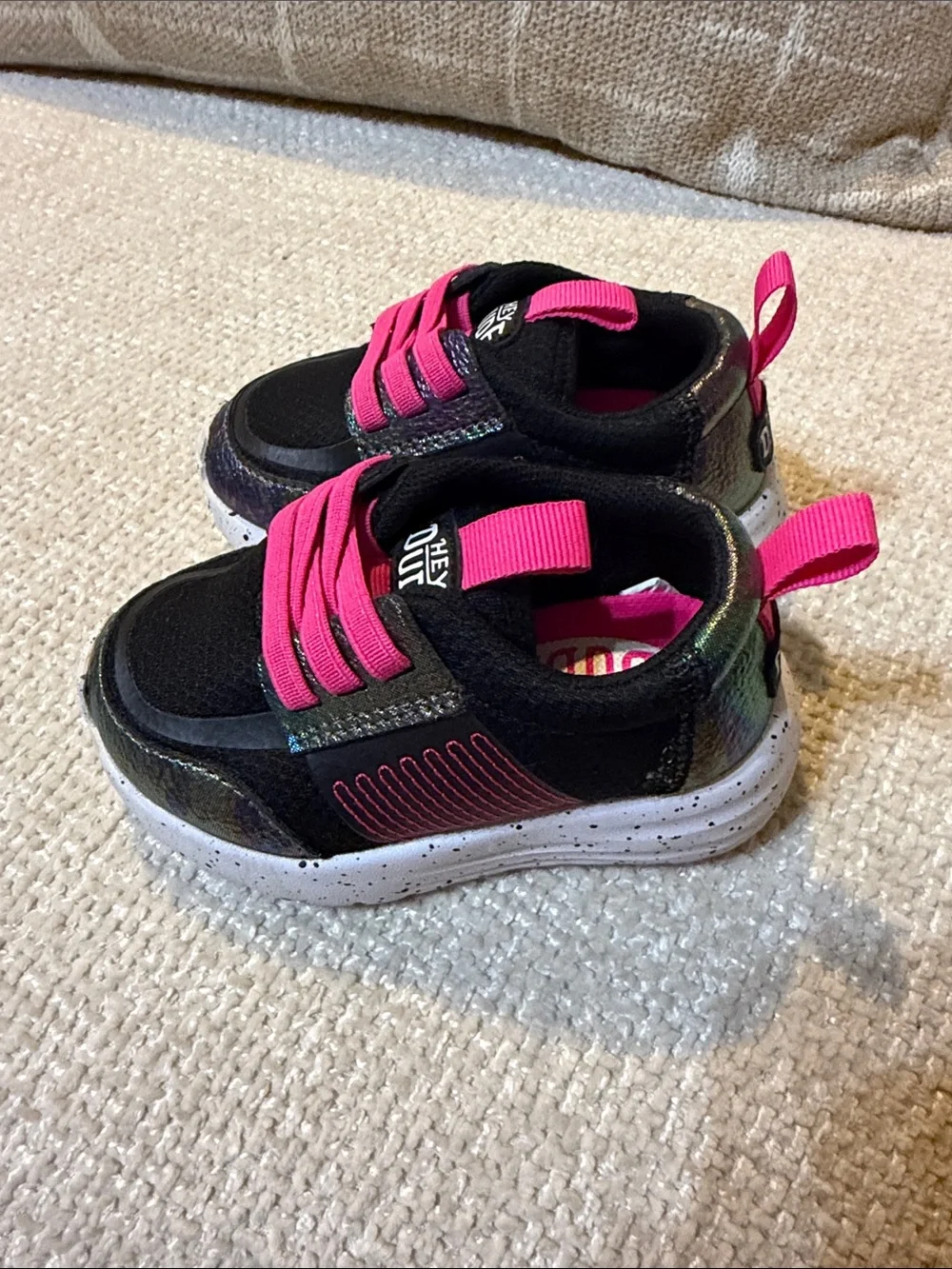 Hey Dude Kids Black Sneakers with Bright Pink Details